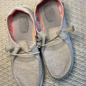 Hey Dude Light Tan Loafers with Coral Accents